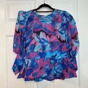 Meghan LA Vibrant Blue and Pink Floral Blouse